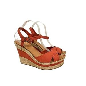 Nine West Womens Wedge Sandals Size 10.5 Coral Pink Leather Open Toe Sling Back
